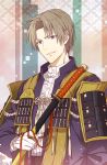  1boy armor brown_hair gloves heshikiri_hasebe japanese_armor katana male_focus nobuyo_ninomiya smile sode sword touken_ranbu upper_body violet_eyes weapon white_gloves 