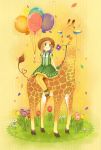 1girl balloon flower giraffe grass green_eyes green_skirt hat original riding rikana skirt smile tulip yellow_legwear 