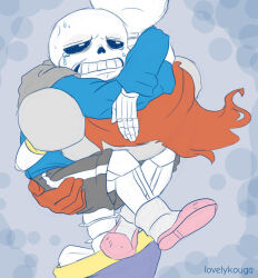  2010s 2015 2boys 2d arms_around_neck artist_name blue_jacket brothers carrying carrying_person crying crying_with_eyes_open digital_media_(artwork)	 duo footwear gloves hug humanoid jacket lovelykouga male male_only monster monster_boy papyrus_(undertale) pink_footwear pink_slippers red_gloves sans_(undertale) siblings simple_background skeleton slippers tears tropic-mews undead undertale 