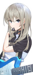  1girl absurdres black_choker black_shirt choker commentary_request dress earclip girls_band_cry grey_eyes grey_hair group_name hair_between_eyes highres kawaragi_momoka kuuhaku_to_catharsis kz_nezu3 long_hair multicolored_hair partial_commentary pinafore_dress plectrum_in_mouth psychederhythm_psychomaster roots_(hair) shirt short_sleeves sidelocks signature simple_background sleeveless sleeveless_dress solo white_background white_dress 