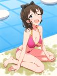  1girl :d bikini blue_eyes blush bow brown_hair dani-ikapi earrings hair_bow idolmaster idolmaster_million_live! jewelry looking_at_viewer one_eye_closed open_mouth ponytail pool satake_minako sitting smile solo swimsuit wet 