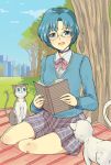  1girl animal bangs bespectacled bishoujo_senshi_sailor_moon blue_eyes blue_hair book bow bowtie cat choker glasses looking_at_viewer mizuno_ami open_book outdoors park parted_bangs plaid plaid_skirt red_bow short_hair skirt smile solo tree tsubobot under_tree 