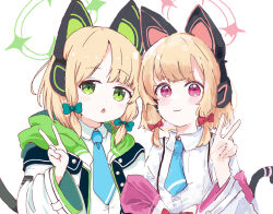  2girls :3 animal_ear_headphones animal_ears artist_collaboration artist_request blonde_hair blue_archive blue_bow blue_necktie blush blush_stickers bow closed_mouth collared_shirt commentary_request dress_shirt fake_animal_ears hair_bow halo headphones hood hood_down hooded_jacket jacket long_sleeves looking_at_viewer midori_(blue_archive) mitya momoi_(blue_archive) multiple_girls necktie off_shoulder open_clothes open_jacket parted_lips red_bow shirt siblings simple_background sisters suspenders tail twins upper_body v-shaped_eyebrows violet_eyes white_background white_jacket white_shirt wide_sleeves 