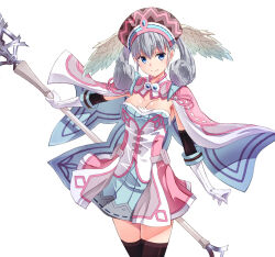  1girl black_thighhighs blue_eyes breasts capelet commentary_request curly_hair gloves grey_hair hat head_wings holding holding_staff izumi_mahiru looking_at_viewer medium_breasts melia_antiqua simple_background smile solo staff thigh-highs twintails white_background wings xenoblade_chronicles_(series) xenoblade_chronicles_1 zettai_ryouiki 