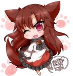  1girl animal_ears blush brooch brown_hair chibi dress fang imaizumi_kagerou jewelry long_hair long_sleeves looking_at_viewer noai_nioshi one_eye_closed open_mouth red_eyes solo tail touhou wolf_ears wolf_tail 