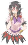  1girl bespectacled black_hair blush dress glasses highres horns kijin_seija looking_at_viewer multicolored_hair puffy_sleeves red-framed_glasses red_eyes redhead ribbon sash short_hair short_sleeves simple_background smile solo tomo_futoshi touhou white_background white_hair wrist_cuffs 