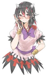  1girl bespectacled black_hair blush dress glasses highres horns kijin_seija looking_at_viewer multicolored_hair puffy_sleeves red-framed_glasses red_eyes redhead ribbon sash short_hair short_sleeves simple_background smile solo tomo_futoshi touhou white_background white_hair wrist_cuffs 