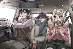  1girl 2boys :d :o ahoge akamatsu_kaede black_shorts blush breast_pocket brown_eyes brown_sweater_vest car car_interior collared_shirt danganronpa_(series) danganronpa_v3:_killing_harmony drinking_straw driving grey_shirt grin ha_(user_efmy3542) hair_ornament happy highres indoors jacket medium_hair motor_vehicle multiple_boys musical_note musical_note_hair_ornament oma_kokichi pink_jacket pocket saihara_shuichi shirt shirt_tucked_in shorts smile sweatdrop sweater_vest teeth 