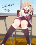  1girl 7001 :d ^_^ black_legwear blonde_hair cellphone chair classroom closed_eyes dated desk fang hair_ornament hairclip indoors kneehighs oomuro_sakurako open_mouth panties pantyshot pantyshot_(sitting) phone school school_uniform serafuku sitting smile solo underwear white_panties yuru_yuri 