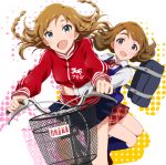  2girls :d aqua_eyes bag bicycle bicycle_basket bicycle_riding blush braid brown_eyes brown_hair dani-ikapi hug hug_from_behind idolmaster idolmaster_million_live! jacket kousaka_umi long_hair miyao_miya multiple_girls open_mouth school_bag school_uniform side_braid sidesaddle skirt smile sweater_vest track_jacket translation_request twin_braids waist_hug 