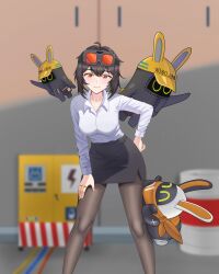  1girl absurdres alternate_costume bangboo_(zenless_zone_zero) black_hair black_skirt blurry blurry_background breasts english_commentary feet_out_of_frame goggles goggles_on_head grace_howard grey_pantyhose highres leaning_forward long_sleeves looking_at_viewer maruginoru medium_breasts miniskirt orange_eyes pantyhose pencil_skirt shirt short_hair skirt smile standing white_shirt zenless_zone_zero 