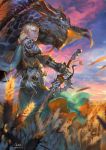  1girl armor armored_dress blonde_hair braid cape dated dragon grey_eyes highres knight original pointy_ears qmo_(chalsoma) signature sky sunset sword weapon wheat wind 