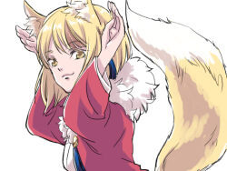  1girl animal_ears blonde_hair fire_emblem fire_emblem_fates fox_ears fox_girl fox_tail fur-trimmed_jacket fur_trim jacket japanese_clothes kitsune multicolored_hair selkie_(fire_emblem) solo streaked_hair tail two-tone_hair yellow_eyes yoneko 