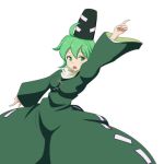  1girl :o ahoge blush breasts cato_(monocatienus) dress green_eyes green_hair hat index_finger_raised open_mouth pointing saturday_night_fever short_hair simple_background soga_no_tojiko solo tate_eboshi touhou white_background 