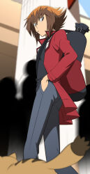  1boy black_shirt blue_pants blurry blurry_background brown_eyes brown_hair cat duel_academy_uniform_(yu-gi-oh!_gx) hand_in_pocket highres jacket looking_at_viewer male_focus medium_hair mouth_hold p5naq_pv pants pharaoh_(cat) red_jacket shirt solo_focus yu-gi-oh! yu-gi-oh!_gx yuki_judai 