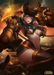  1girl artist_name barrel brown_eyes brown_hair citemer fingerless_gloves gangplank genderswap gloves gun handgun hat high_heels league_of_legends lipstick logo long_hair looking_at_viewer makeup mechanical_arm navel parted_lips pistol solo sparks sword tattoo tattooed_breast thigh-highs watermark weapon web_address 