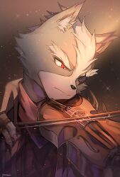  1boy animal_ear_fluff blurry brown_background claws closed_mouth depth_of_field eyepatch furry furry_male grey_fur instrument jacket light_particles male_focus purple_jacket red_eyes solo star_fox upper_body violin wolf_boy wolf_o&#039;donnell yasaikakiage 