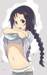  1girl black_hair bra braid brown_eyes idolmaster idolmaster_cinderella_girls long_hair miyoshi_sana navel niku-name open_mouth panties shirt_lift shorts shorts_pull solo standing training_bra twin_braids underwear undressing wet 