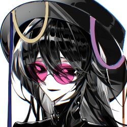  1boy anyanghaiziwang bags_under_eyes black_eyes black_hair black_hat black_shirt blue_ribbon chinese_commentary chromatic_aberration commentary_request eyelashes hair_between_eyes hat highres huai_yunqing long_bangs long_hair male_focus open_mouth orange_ribbon pale_skin pink-tinted_eyewear pink_ribbon portrait red_pupils ribbon round_eyewear shirt simple_background smile solo tinted_eyewear touqi_guaitan white_background yellow_ribbon 