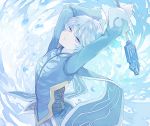 arms_up male_focus mikleo_(tales) short_hair solo staff tales_of_(series) tales_of_zestiria tonshi violet_eyes water white_hair 