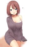  1girl akky_(akimi1127) blue_eyes breasts brown_hair cleavage highres original ribbed_sweater short_hair sleeves_past_wrists solo sweater 