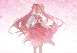  1girl blush cherry_hair_ornament chinese_commentary closed_eyes commentary_request cowboy_shot floating_clothes floating_hair food-themed_hair_ornament hair_ornament hatsune_miku kieed light_smile long_hair long_sleeves neck_ribbon parted_lips pink_hair pink_ribbon pink_sailor_collar pink_skirt pleated_skirt ribbon sailor_collar sailor_shirt sakura_miku school_uniform serafuku shirt skirt skirt_hold solo three_quarter_view twintails very_long_hair vocaloid white_shirt wrist_cuffs 