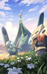  absurdly_long_hair animal_on_head aqua_hair arm_up armband bamboo bird bird_on_head blue_eyes blue_sclera blue_sky blunt_bangs celesteela claws clouds colored_sclera fang flower frown golem golurk grass hair_ornament hair_over_eyes hair_stick highres horns lairon long_hair long_neck looking_to_the_side no_humans on_head open_mouth perching pokemon pokemon_(creature) pokemon_focus pokemon_on_head red_armband single_horn skarmory skin_fang sky solid_eyes talons very_long_hair white_flower yamaori_(hakkentai_pokedan) yellow_eyes yellow_sclera 