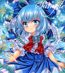  1girl blue_bow blue_eyes blue_hair blue_skirt bow bowtie brooch cirno closed_mouth embellished_costume frilled_bow frilled_shirt frills green_ribbon hair_bow hair_ribbon ice ice_wings jewelry looking_at_viewer marker_(medium) medium_hair red_bow red_bowtie ribbon rui_(sugar3) sample_watermark shirt short_sleeves skirt smile snowflakes solo sparkle touhou traditional_media upper_body watermark white_shirt wings 