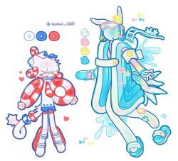  >_< 2others animal_feet bomal1215 closed_eyes clothing_request color_guide commentary_request full_body furry goggles goggles_on_head hat innertube korean_commentary multiple_others necktie no_eyes original other_focus personification rubber_duck sailor sailor_hat sandals sea_slug simple_background swim_ring tail white_background 