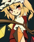  1girl akamata ascot blonde_hair blurry blush crystal flandre_scarlet hat hat_ribbon looking_to_the_side mob_cap puffy_sleeves red_eyes ribbon shirt short_hair short_sleeves side_ponytail simple_background skirt slit_pupils smile solo tongue tongue_out touhou upper_body vest wings 