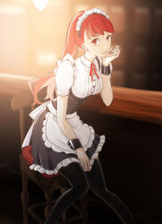  1girl alternate_costume apron black_dress black_pantyhose chair commentary_request dress enmaided head_rest highres indoors long_hair looking_at_viewer maid maid_headdress neck_ribbon on_chair onikuzun pantyhose persona persona_5 persona_5_the_royal ponytail puffy_sleeves red_eyes red_ribbon redhead ribbon short_sleeves sitting smile solo two-tone_dress waist_apron white_apron white_dress wrist_cuffs yoshizawa_kasumi 