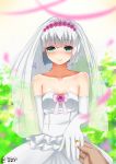  1girl aumcry blurry blush bridal_veil collarbone dated dress elbow_gloves flower full-face_blush gloves green_eyes hands highres jewelry konpaku_youmu looking_at_viewer ribbon ring rose short_hair silver_hair smile solo_focus strapless_dress touhou twitter_username veil wedding_dress wedding_ring white_dress white_gloves 