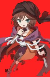  1other androgynous aqua_eyes bandana black_bandana black_cape brown_hair cape cargo_shorts choker cine_hamal collarbone dot_nose dual_wielding eye_of_senri full_body green_shorts highres holding holding_knife jacket kimura8556spsk knife kuzu_suzumi len&#039;en looking_at_viewer open_clothes open_jacket open_mouth orange_jacket other_focus purple_scarf purple_shirt red_background red_pupils red_ribbon ribbon ribbon-trimmed_shorts ribbon-trimmed_socks ribbon_legwear ribbon_trim scarf shirt short_hair shorts simple_background sleeveless sleeveless_jacket smile socks solo square_neckline torn_cape torn_clothes turban two-tone_shirt white_choker white_shirt white_socks 