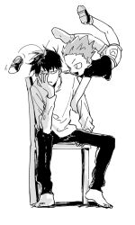  2boys age_difference barefoot chair floating full_body greyscale hand_on_another&#039;s_shoulder hand_on_own_face kageyama_ritsu long_sleeves male_focus mari-mason midriff_peek mob_psycho_100 monochrome multiple_boys on_chair one_eye_closed open_mouth pants short_hair short_sleeves simple_background sitting socks suzuki_shou unworn_shoe white_background 