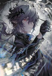  1boy arknights black_gloves black_jacket commentary english_commentary gloves grey_background grey_hair hair_over_one_eye half_gloves head_wings high_collar highres holding holding_wand horns jacket logos_(arknights) long_hair looking_at_viewer magic male_focus nekondx pointy_ears red_eyes smoke solo twitter_username wand wings 