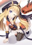  1girl blonde_hair blue_eyes blush bow cagliostro_(granblue_fantasy) cape dress frilled_dress frills granblue_fantasy hairband hoodie hyuuga_azuri kneeling layered_dress looking_at_viewer one_eye_closed print_legwear ribbon short_sleeves smile solo spiked_hairband thigh-highs wristband 