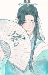  1boy aqua_robe black_hair blue_eyes chinese_clothes chinese_text commentary earrings english_commentary eyeliner facial_mark folding_fan forehead_mark hair_ornament hand_fan hanfu highres holding holding_fan jewelry kkcoocool layered_clothes long_hair long_sleeves looking_down makeup male_focus paper_fan parted_lips red_eyeliner shi_qingxuan simple_background solo tassel tassel_earrings tianguan_cifu upper_body white_background wide_sleeves xiao_guan_(headdress) 