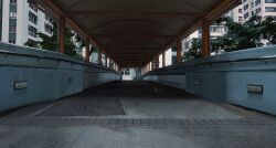  apartment bridge building concrete day english_commentary from_below handrail highres industrial_pipe love_death_+_robots no_humans outdoors pedestrian_bridge plant reflection scenery tin_roof tree window yun_ling 