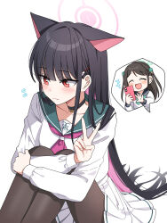  1girl after-school_sweets_club_(blue_archive) airi_(blue_archive) animal_ears black_choker black_hair black_pantyhose blue_archive blush cat_choker cat_ears choker closed_mouth colored_inner_animal_ears colored_inner_hair ddungddang extra_ears food-themed_hair_ornament green_halo green_sailor_collar hair_ornament halo highres hime_cut ice_cream_hair_ornament kazusa_(blue_archive) long_hair long_sleeves mint_chocolate multicolored_hair neckerchief open_mouth pantyhose phone pink_hair pink_halo pink_neckerchief sailor_collar school_uniform serafuku simple_background smile trinity_general_school_logo v white_background white_serafuku 