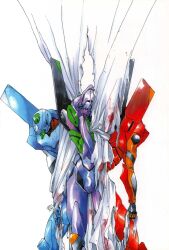  1990s_(style) blood english_commentary eva_00 eva_01 eva_02 evangelion_(mecha) highres magazine_scan mecha mecha_focus muttri_moony neon_genesis_evangelion no_humans promotional_art retro_artstyle robot scan science_fiction signature super_robot traditional_media white_background 
