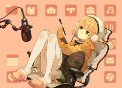  1girl :/ absurdres beret black_ribbon blonde_hair brown_footwear cardigan chair classic_lolita closed_mouth commentary_request discord_logo dot_nose feet_on_chair full_body fur-trimmed_footwear fur_trim green_eyes green_skirt hat hidari_(left_side) highres holding indie_virtual_youtuber knees_up lolita_fashion long_sleeves meme_attire microphone office_chair official_alternate_costume open_cardigan open_clothes orange_cardigan pantyhose pillow pom_pom_(clothes) red_background ribbon shigure_ui_(vtuber) shigure_ui_(vtuber)_(casual) shirt short_hair skirt slippers solo swivel_chair three_quarter_view virgin_killer_outfit virtual_youtuber white_hat white_pantyhose white_shirt 