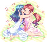  2girls :d bare_arms barefoot blue_eyes blue_hair breasts closed_mouth commentary_request dress eyebrows_visible_through_hair hanasaki_tsubomi heart heartcatch_precure! highres hug kurumi_erika long_hair looking_at_viewer multiple_girls open_mouth pink_dress precure red_eyes redhead short_hair sideboob sitting sleeveless sleeveless_dress smile striped striped_background tenkuu_nozora twintails wariza 