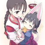  2girls animal_ears black_eyes black_hair blush bowl braid character_request child chopsticks closed_eyes copyright_request feeding final_fantasy food happy heart long_hair looking_at_another multiple_girls open_mouth smile tail u-ichi 