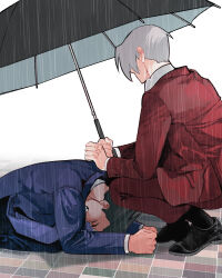  2boys ace_attorney ace_attorney_investigations black_footwear black_hair black_socks black_umbrella blue_suit clenched_hands collared_shirt commentary crying dress_shoes hair_over_one_eye hexermer highres holding holding_umbrella hover_hand jacket kneeling layered_sleeves male_focus miles_edgeworth multiple_boys on_ground one_eye_covered pants phoenix_wright profile rain red_jacket red_pants red_suit shirt short_hair simple_background socks solo spiky_hair suit suit_jacket teeth tile_floor tiles umbrella white_background white_hair white_shirt 