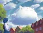  1girl :3 angora_rabbit back blue_dress blue_hair blue_sky building clouds cloudy_sky dress gochuumon_wa_usagi_desu_ka? hair_ornament hairclip hat kafuu_chino long_hair looking_up purple_hair sebastian_(artist) sky solo tippy_(gochuumon_wa_usagi_desuka?) tree 