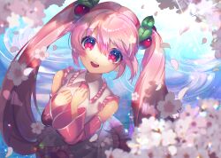  1girl :d cherry_blossoms cherry_hair_ornament collared_shirt detached_sleeves falling_petals food-themed_hair_ornament hair_between_eyes hair_ornament hatsune_miku highres kozou_kazaru long_sleeves looking_at_viewer miku_day necktie open_mouth petals pink_eyes pink_hair pink_necktie pink_petals pink_sleeves ripples sakura_miku shirt skirt smile solo sparkle teeth tongue upper_teeth_only vocaloid water white_shirt 