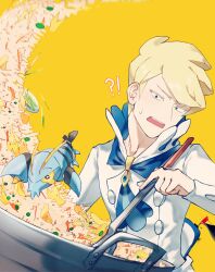  !? 1boy ascot blonde_hair blue_ascot blue_eyes clauncher fried_rice_prank_(meme) highres male_focus meme open_mouth pincers pokemon pokemon_(creature) pokemon_xy rice short_hair siebold_(pokemon) sioma709iie wok yellow_background 