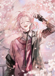  1boy arm_up belt belt_necktie bishounen cherry_blossoms choker closed_eyes collared_shirt ear_piercing earrings falling_petals flower highres holding holding_flower jacket jewelry kurayuki0404 long_sleeves looking_at_viewer male_focus murakumo_gou off_shoulder open_mouth outdoors petals piercing pink_hair pink_theme purple_sweater_vest shirt smile solo sweater_vest teeth touken_ranbu tree upper_body wavy_hair white_shirt 