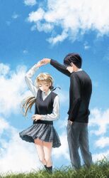  1boy 1girl absurdres black_hair blonde_hair blue_sky closed_eyes clouds commentary_request couple day edaori grass hetero highres holding_hands long_hair low_ponytail original outdoors school_uniform skirt sky sweater sweater_vest 