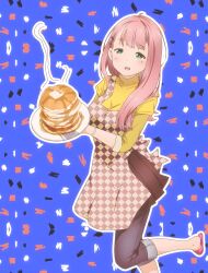 1girl 22/7 absurdres apron black_skirt blue_background blue_pants center-flap_bangs checkered_apron checkered_clothes food foot_out_of_frame gabrieltenma77 green_eyes highres holding holding_plate kamiki_mikami layered_sleeves leg_up long_hair long_sleeves maple_syrup open_mouth pancake pancake_stack pants pants_under_skirt pink_hair plate pleated_skirt shirt short_over_long_sleeves short_sleeves skirt slippers solo teeth upper_teeth_only yellow_shirt 